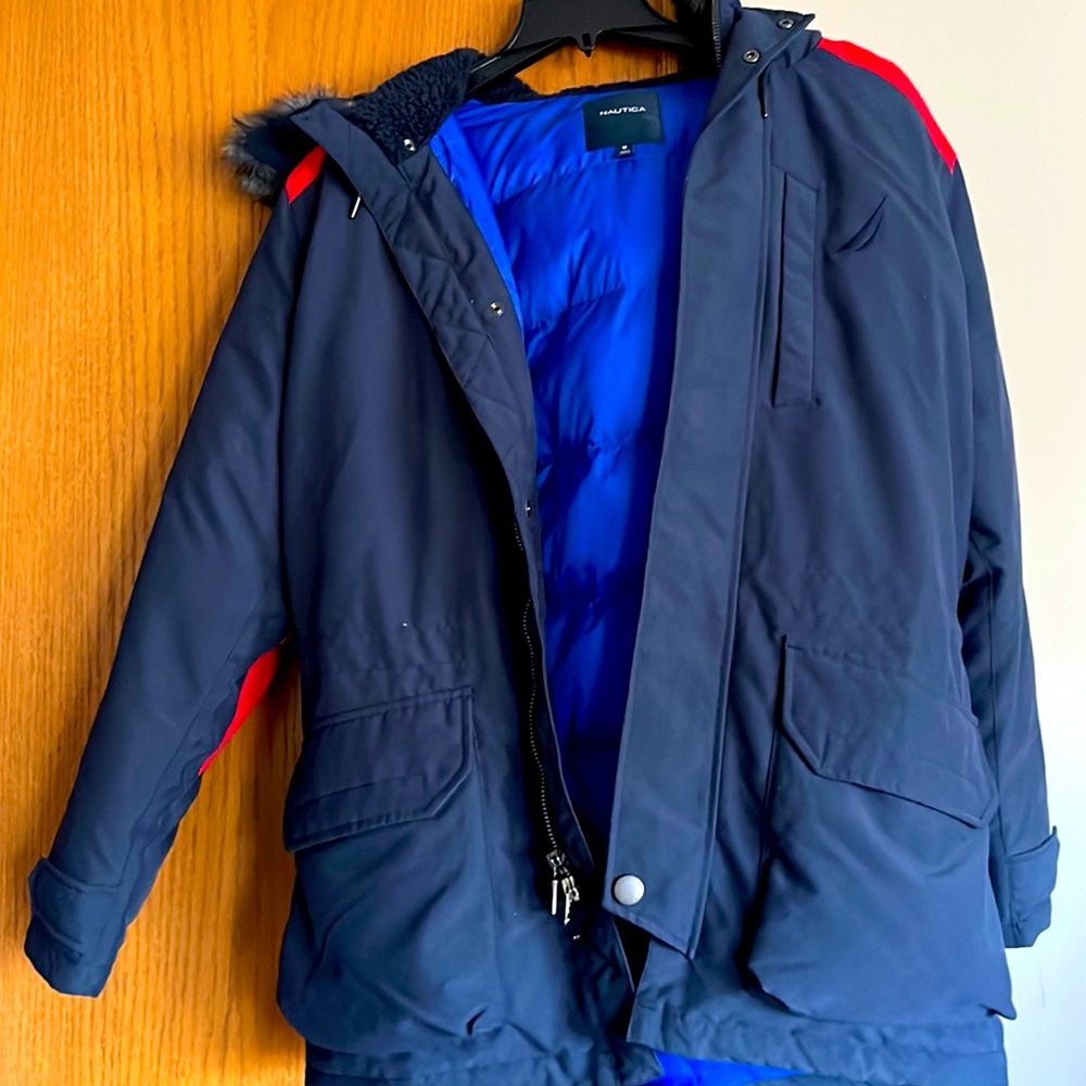 Fairly used men’s faux fur trim Nautical winter jacket with hood